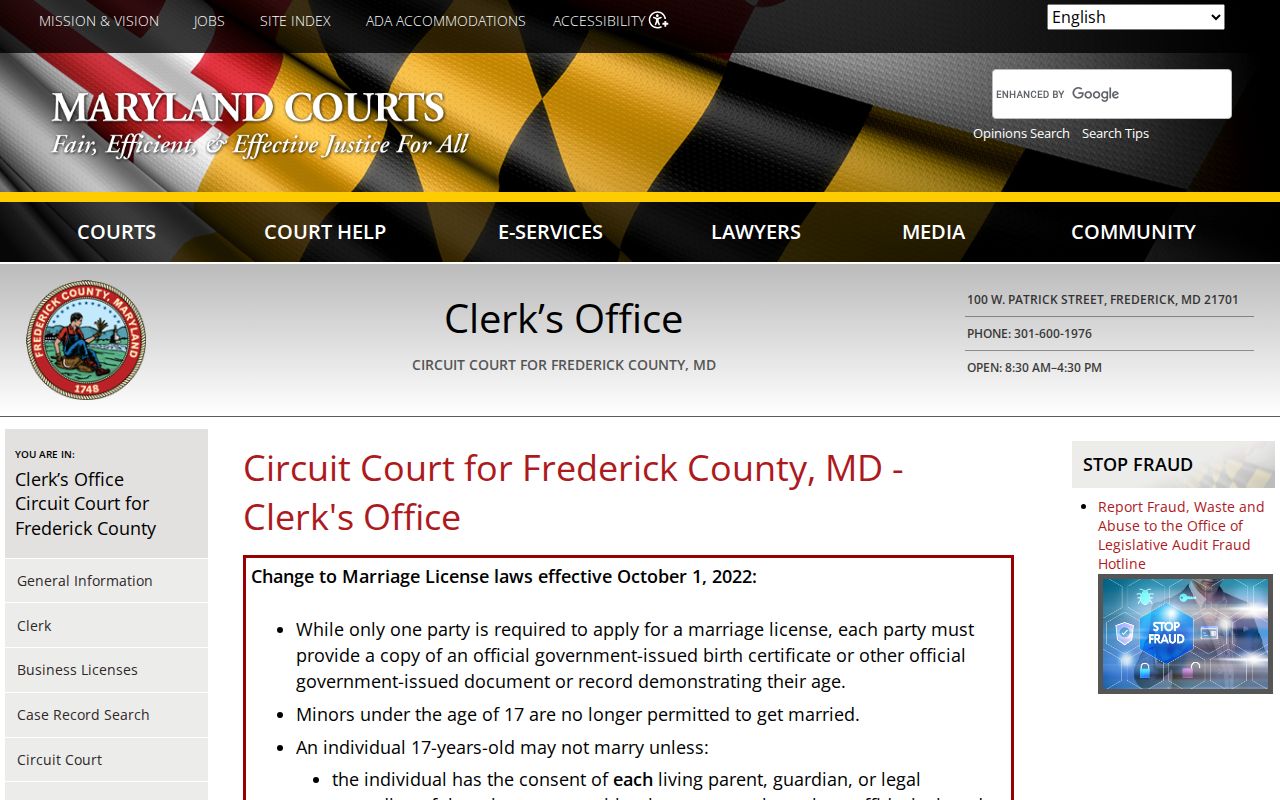 Ballenger Creek people search at the Frederick Circuit Court Clerk