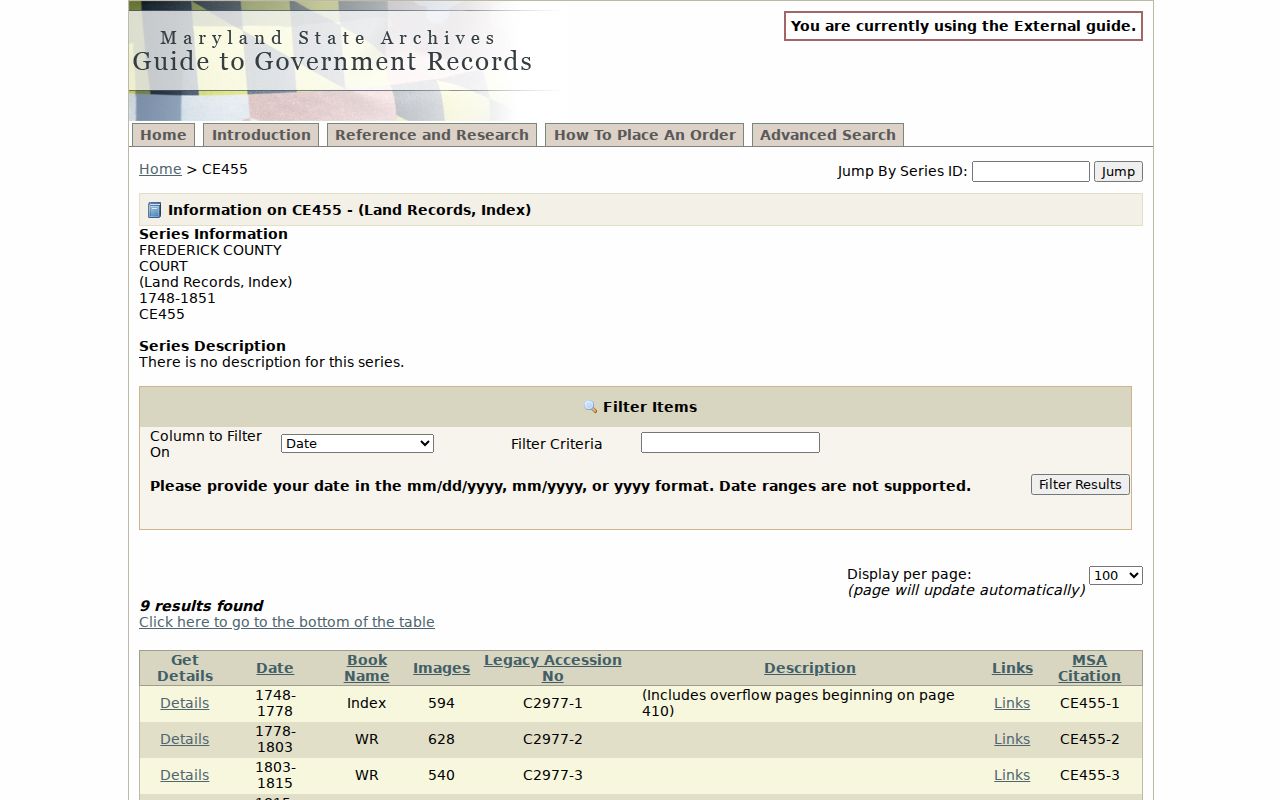 Ballenger Creek people directories screenshot of Frederick land indexes from 1748 to 1851