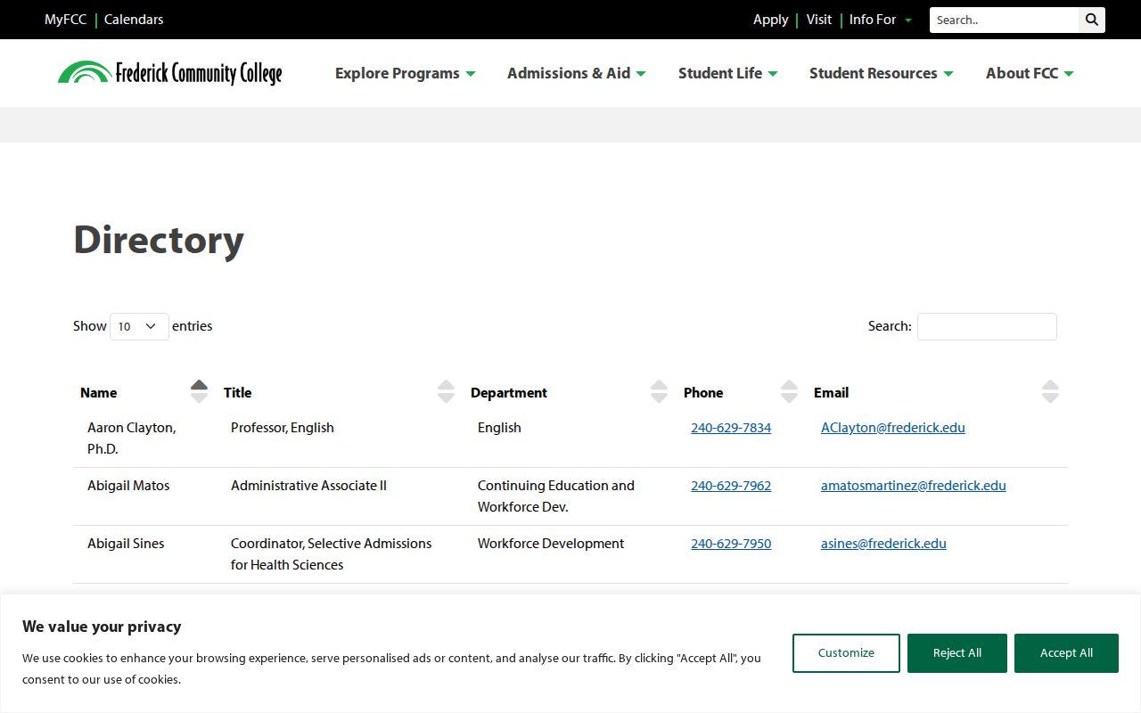 Ballenger Creek people directories screenshot of Frederick Community College faculty and staff listings