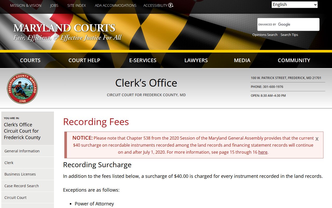 Ballenger Creek public records land recording fee schedule