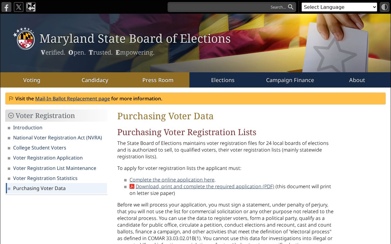 Ballenger Creek voter records request options from Maryland elections